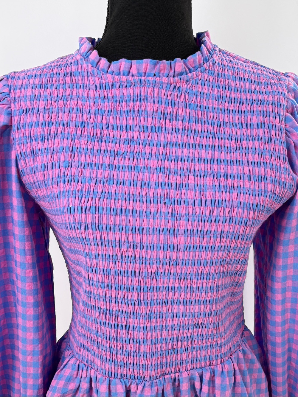 Hyacinth House Ruby Blouse Gingham Smocked Peplum Ruffle Blouse Blue Pink Size M - Picture 3 of 16